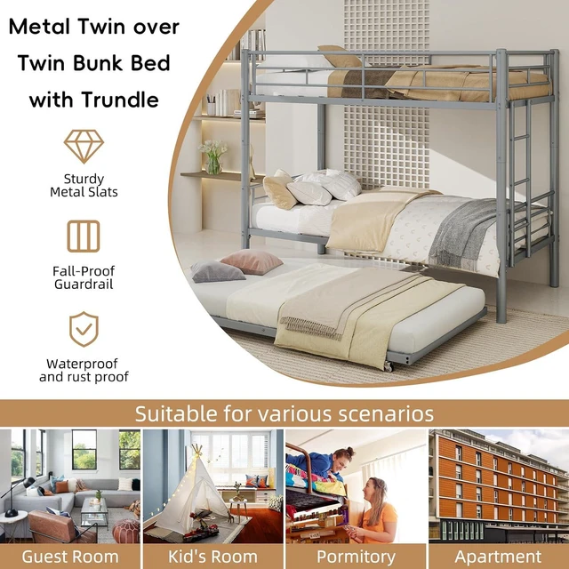 Alt view image 5 of 7 - Twin Over Twin Metal Bunk Bed Frame with Trundle,Heavy Duty Bunk Beds with Guardrail & Ladders for Teens & Adults,Convertible Twin Size Bunk Beds,No Box Spring Needed, Silver