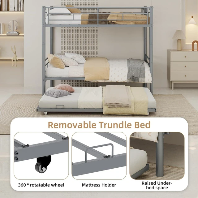 Alt view image 7 of 7 - Twin Over Twin Metal Bunk Bed Frame with Trundle,Heavy Duty Bunk Beds with Guardrail & Ladders for Teens & Adults,Convertible Twin Size Bunk Beds,No Box Spring Needed, Silver