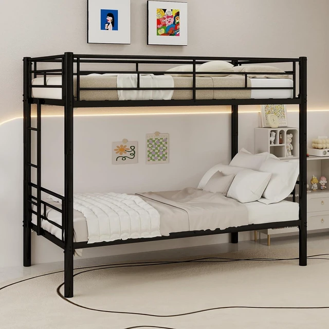 Main image of Twin Over Twin Metal Bunk Bed Frame,Heavy Duty Bunk Beds with Guardrail & Ladders for Teens & Adults,Convertible Twin Size Bunk Beds,No Box Spring Needed, Black