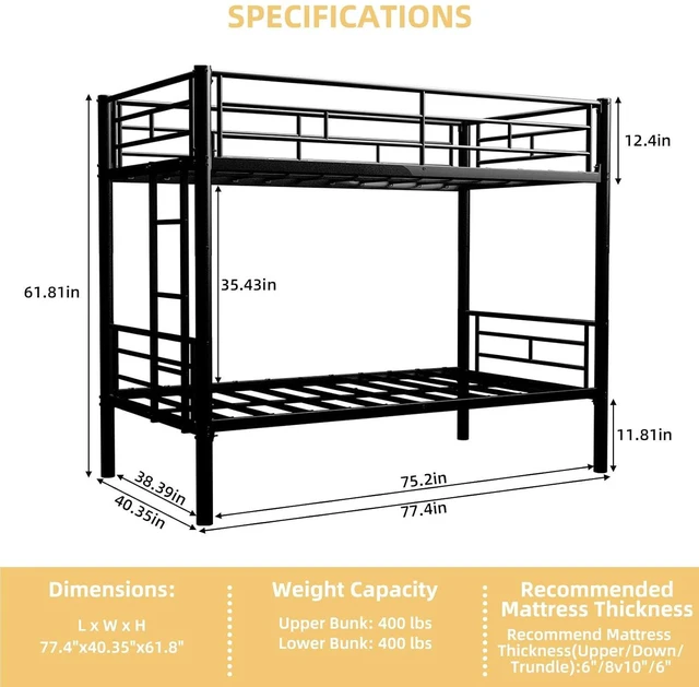 Alt view image 2 of 7 - Twin Over Twin Metal Bunk Bed Frame,Heavy Duty Bunk Beds with Guardrail & Ladders for Teens & Adults,Convertible Twin Size Bunk Beds,No Box Spring Needed, Black