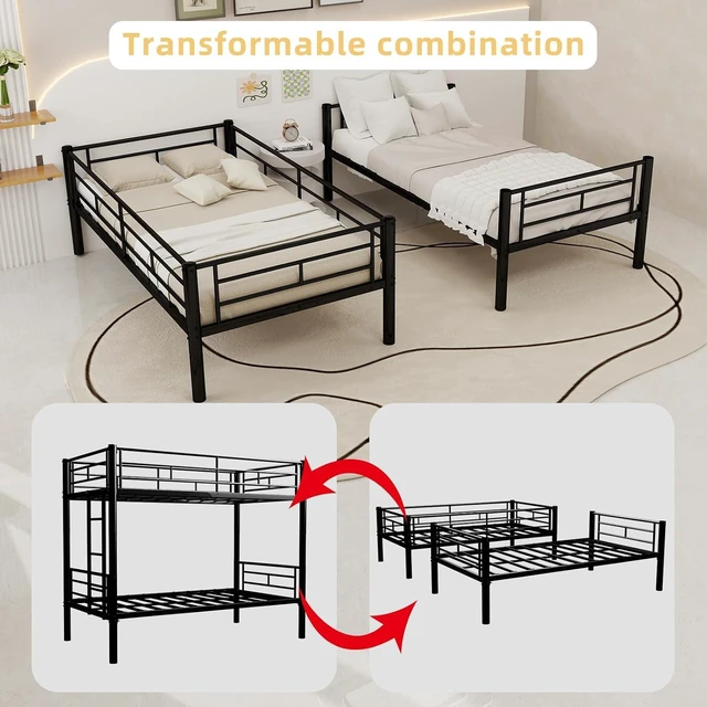 Alt view image 3 of 7 - Twin Over Twin Metal Bunk Bed Frame,Heavy Duty Bunk Beds with Guardrail & Ladders for Teens & Adults,Convertible Twin Size Bunk Beds,No Box Spring Needed, Black