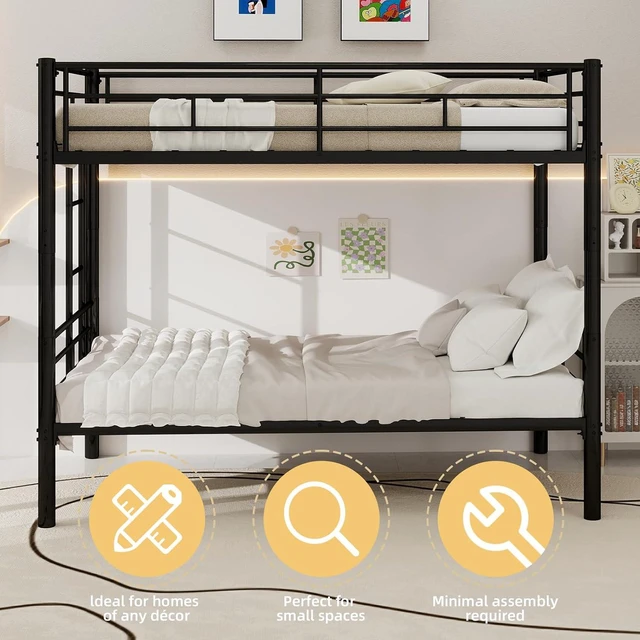 Alt view image 4 of 7 - Twin Over Twin Metal Bunk Bed Frame,Heavy Duty Bunk Beds with Guardrail & Ladders for Teens & Adults,Convertible Twin Size Bunk Beds,No Box Spring Needed, Black