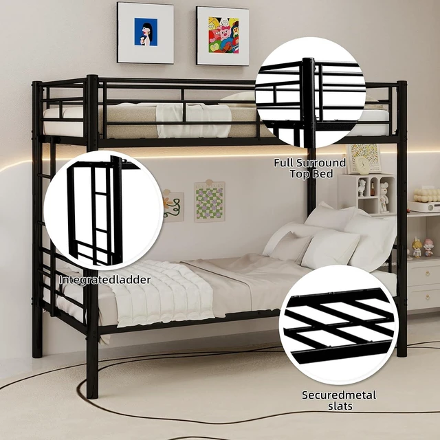 Alt view image 6 of 7 - Twin Over Twin Metal Bunk Bed Frame,Heavy Duty Bunk Beds with Guardrail & Ladders for Teens & Adults,Convertible Twin Size Bunk Beds,No Box Spring Needed, Black