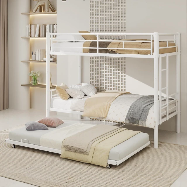 Main image of Twin Over Twin Metal Bunk Bed Frame with Trundle,Heavy Duty Bunk Beds with Guardrail & Ladders for Teens & Adults,Convertible Twin Size Bunk Beds,No Box Spring Needed, White