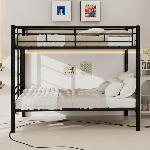 Alt view image 7 of 7 - Twin Over Twin Metal Bunk Bed Frame,Heavy Duty Bunk Beds with Guardrail & Ladders for Teens & Adults,Convertible Twin Size Bunk Beds,No Box Spring Needed, Black