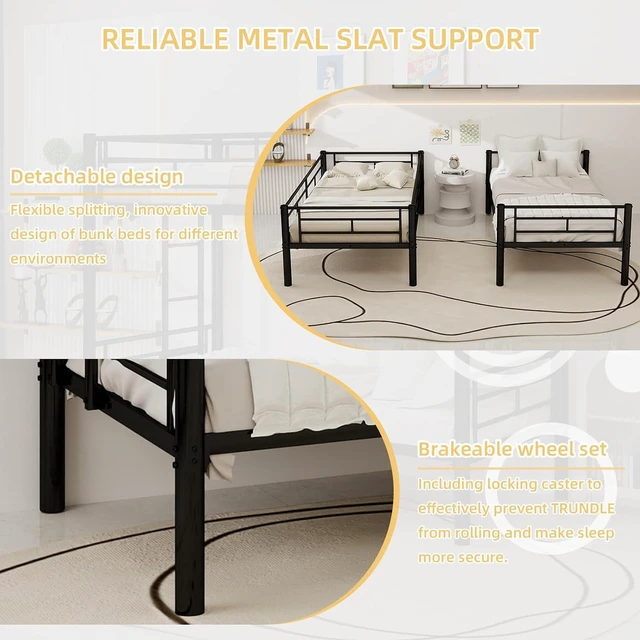Alt view image 5 of 7 - Twin Over Twin Metal Bunk Bed Frame,Heavy Duty Bunk Beds with Guardrail & Ladders for Teens & Adults,Convertible Twin Size Bunk Beds,No Box Spring Needed, Black
