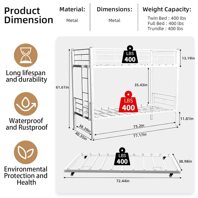 Alt view image 2 of 7 - Twin Over Twin Metal Bunk Bed Frame with Trundle,Heavy Duty Bunk Beds with Guardrail & Ladders for Teens & Adults,Convertible Twin Size Bunk Beds,No Box Spring Needed, White