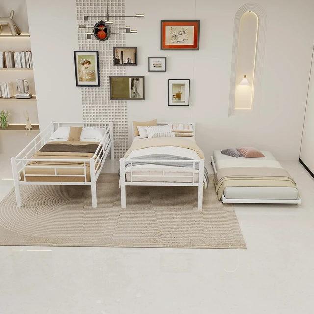 Alt view image 3 of 7 - Twin Over Twin Metal Bunk Bed Frame with Trundle,Heavy Duty Bunk Beds with Guardrail & Ladders for Teens & Adults,Convertible Twin Size Bunk Beds,No Box Spring Needed, White