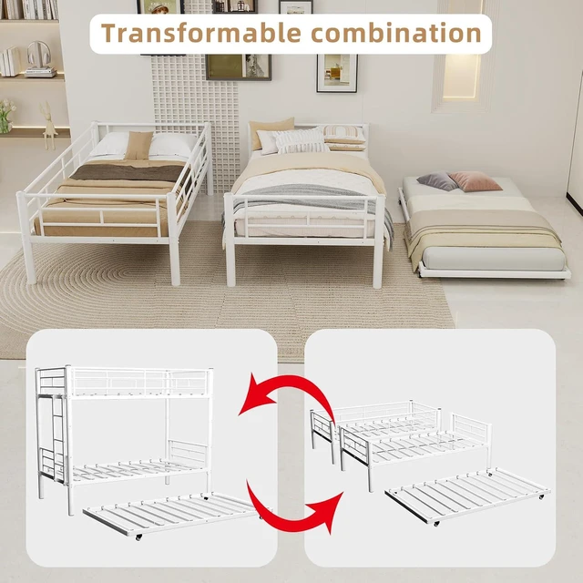 Alt view image 5 of 7 - Twin Over Twin Metal Bunk Bed Frame with Trundle,Heavy Duty Bunk Beds with Guardrail & Ladders for Teens & Adults,Convertible Twin Size Bunk Beds,No Box Spring Needed, White
