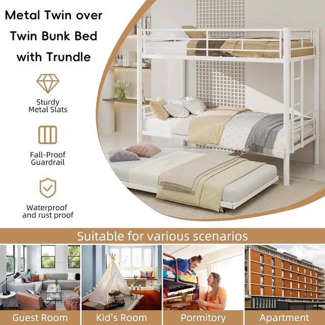 Alt view image 4 of 7 - Twin Over Twin Metal Bunk Bed Frame with Trundle,Heavy Duty Bunk Beds with Guardrail & Ladders for Teens & Adults,Convertible Twin Size Bunk Beds,No Box Spring Needed, White