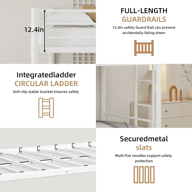 Alt view image 6 of 7 - Twin Over Twin Metal Bunk Bed Frame with Trundle,Heavy Duty Bunk Beds with Guardrail & Ladders for Teens & Adults,Convertible Twin Size Bunk Beds,No Box Spring Needed, White
