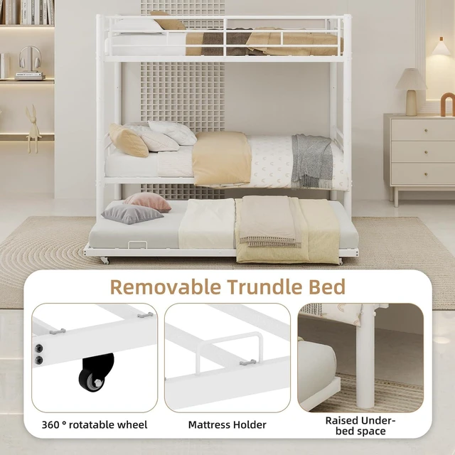 Alt view image 7 of 7 - Twin Over Twin Metal Bunk Bed Frame with Trundle,Heavy Duty Bunk Beds with Guardrail & Ladders for Teens & Adults,Convertible Twin Size Bunk Beds,No Box Spring Needed, White