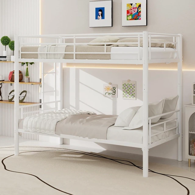 Main image of Twin Over Twin Metal Bunk Bed Frame,Heavy Duty Bunk Beds with Guardrail & Ladders for Teens & Adults,Convertible Twin Size Bunk Beds,No Box Spring Needed, White