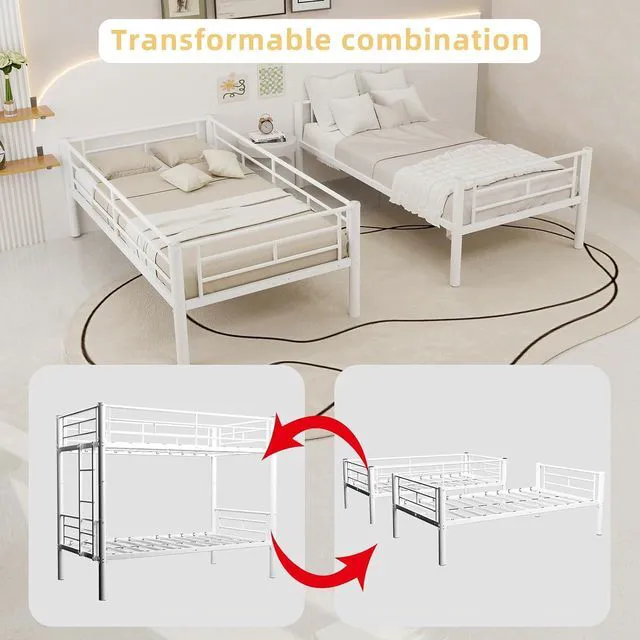Alt view image 4 of 7 - Twin Over Twin Metal Bunk Bed Frame,Heavy Duty Bunk Beds with Guardrail & Ladders for Teens & Adults,Convertible Twin Size Bunk Beds,No Box Spring Needed, White