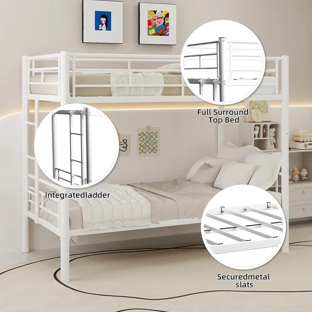 Alt view image 5 of 7 - Twin Over Twin Metal Bunk Bed Frame,Heavy Duty Bunk Beds with Guardrail & Ladders for Teens & Adults,Convertible Twin Size Bunk Beds,No Box Spring Needed, White