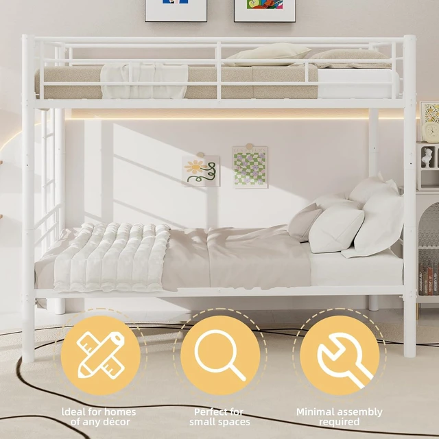 Alt view image 6 of 7 - Twin Over Twin Metal Bunk Bed Frame,Heavy Duty Bunk Beds with Guardrail & Ladders for Teens & Adults,Convertible Twin Size Bunk Beds,No Box Spring Needed, White
