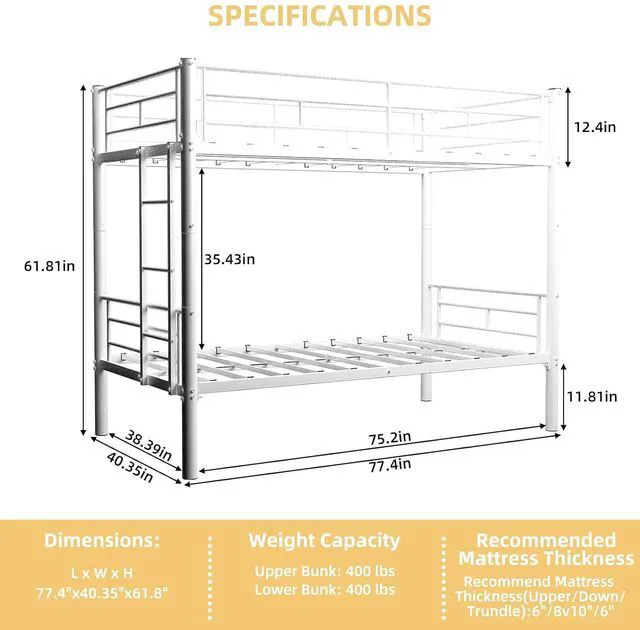 Alt view image 2 of 7 - Twin Over Twin Metal Bunk Bed Frame,Heavy Duty Bunk Beds with Guardrail & Ladders for Teens & Adults,Convertible Twin Size Bunk Beds,No Box Spring Needed, White