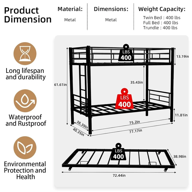Alt view image 2 of 7 - Twin Over Twin Metal Bunk Bed Frame with Trundle,Heavy Duty Bunk Beds with Guardrail & Ladders for Teens & Adults,Convertible Twin Size Bunk Beds,No Box Spring Needed, Black