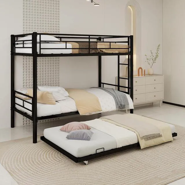 Alt view image 3 of 7 - Twin Over Twin Metal Bunk Bed Frame with Trundle,Heavy Duty Bunk Beds with Guardrail & Ladders for Teens & Adults,Convertible Twin Size Bunk Beds,No Box Spring Needed, Black