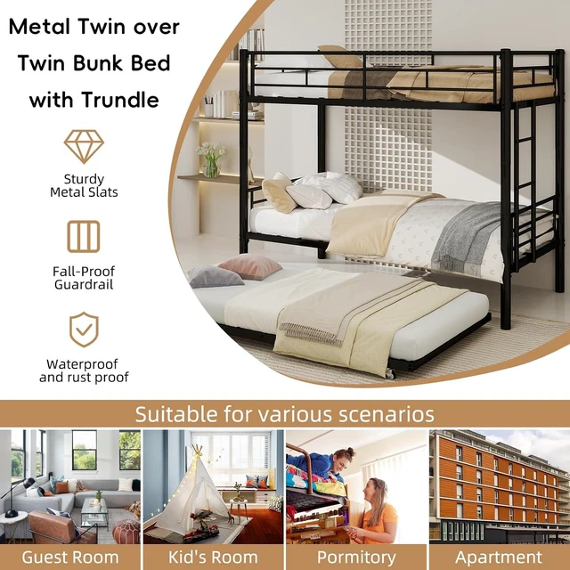 Alt view image 4 of 7 - Twin Over Twin Metal Bunk Bed Frame with Trundle,Heavy Duty Bunk Beds with Guardrail & Ladders for Teens & Adults,Convertible Twin Size Bunk Beds,No Box Spring Needed, Black