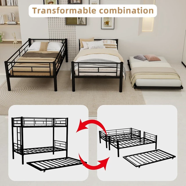 Alt view image 5 of 7 - Twin Over Twin Metal Bunk Bed Frame with Trundle,Heavy Duty Bunk Beds with Guardrail & Ladders for Teens & Adults,Convertible Twin Size Bunk Beds,No Box Spring Needed, Black