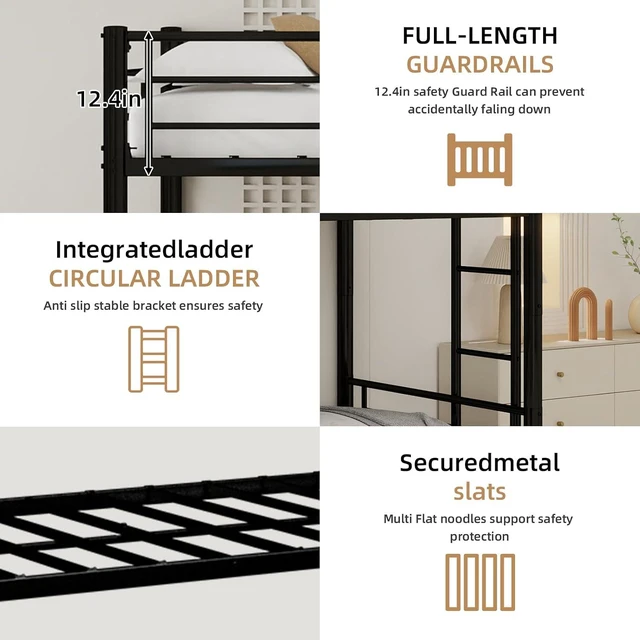 Alt view image 6 of 7 - Twin Over Twin Metal Bunk Bed Frame with Trundle,Heavy Duty Bunk Beds with Guardrail & Ladders for Teens & Adults,Convertible Twin Size Bunk Beds,No Box Spring Needed, Black