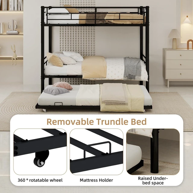 Alt view image 7 of 7 - Twin Over Twin Metal Bunk Bed Frame with Trundle,Heavy Duty Bunk Beds with Guardrail & Ladders for Teens & Adults,Convertible Twin Size Bunk Beds,No Box Spring Needed, Black
