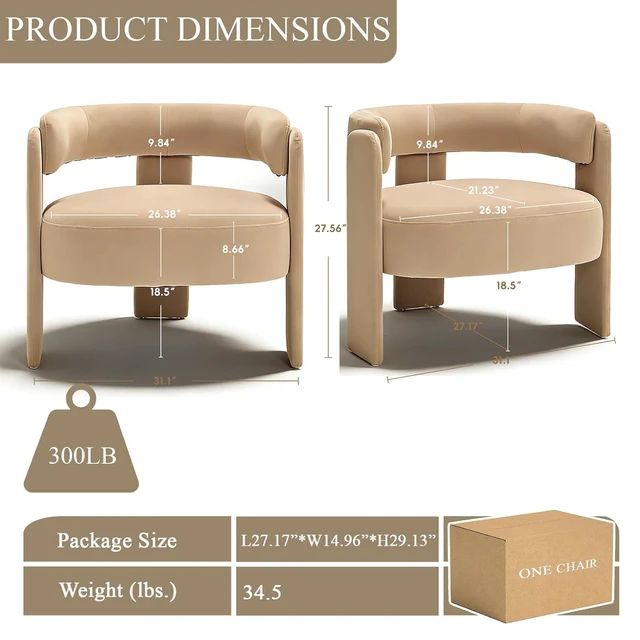 Alt view image 2 of 7 - Modern Accent Chair for Living Room, Velvet Upholstered Barrel Chairs with Legs,Single Lounge Armchair with Cushion for Bedroom, Lounge Armchair with Cushion,Khaki
