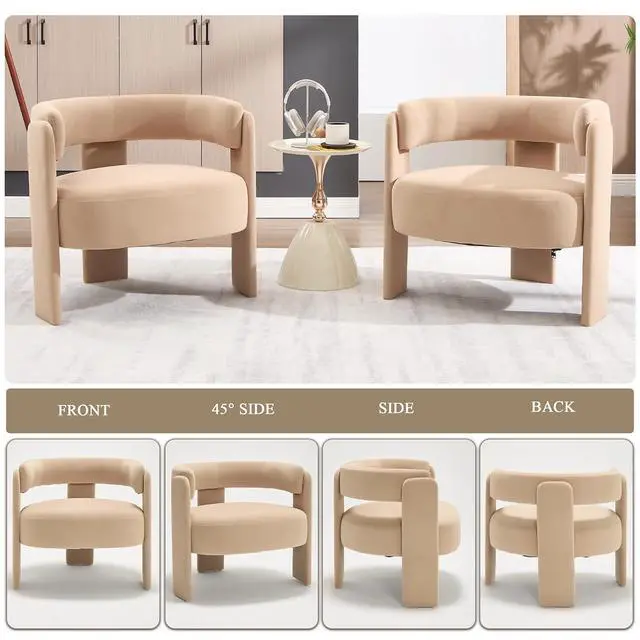 Alt view image 3 of 7 - Modern Accent Chair for Living Room, Velvet Upholstered Barrel Chairs with Legs,Single Lounge Armchair with Cushion for Bedroom, Lounge Armchair with Cushion,Khaki