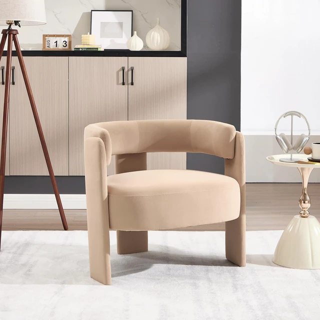 Alt view image 4 of 7 - Modern Accent Chair for Living Room, Velvet Upholstered Barrel Chairs with Legs,Single Lounge Armchair with Cushion for Bedroom, Lounge Armchair with Cushion,Khaki
