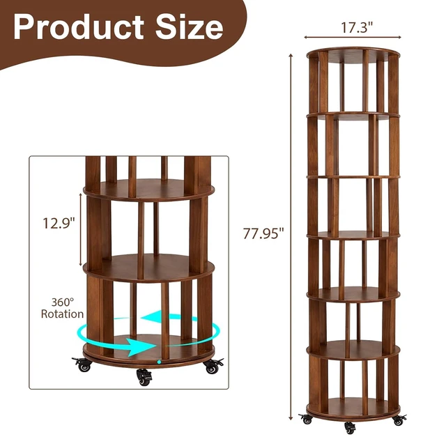 Alt view image 2 of 7 - 6 Tier Rotating Bookshelf with Wheels, Corner Revolving Bookcase, Vertical Turning Bookshelf for Bedroom/Living Room/Office, Walnut