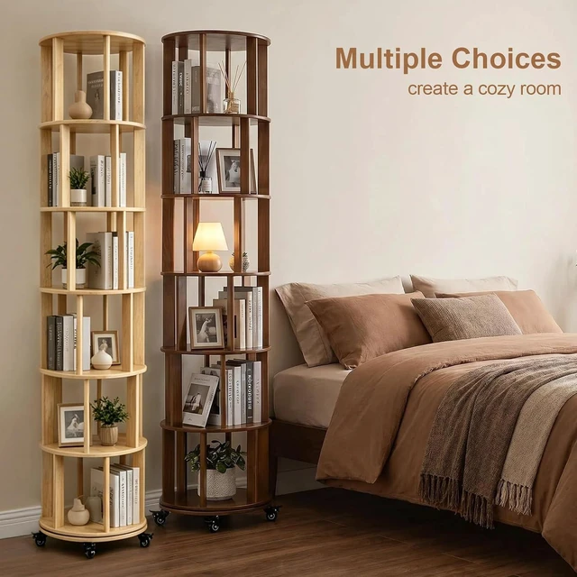 Alt view image 3 of 7 - 6 Tier Rotating Bookshelf with Wheels, Corner Revolving Bookcase, Vertical Turning Bookshelf for Bedroom/Living Room/Office, Walnut