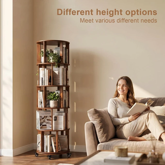 Alt view image 4 of 7 - 6 Tier Rotating Bookshelf with Wheels, Corner Revolving Bookcase, Vertical Turning Bookshelf for Bedroom/Living Room/Office, Walnut