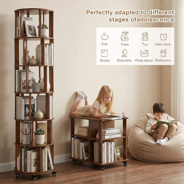 Alt view image 5 of 7 - 6 Tier Rotating Bookshelf with Wheels, Corner Revolving Bookcase, Vertical Turning Bookshelf for Bedroom/Living Room/Office, Walnut