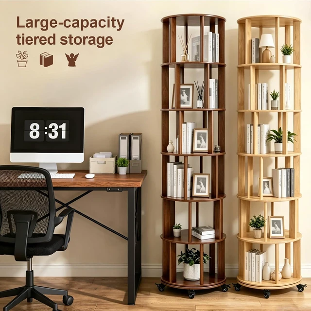 Alt view image 7 of 7 - 6 Tier Rotating Bookshelf with Wheels, Corner Revolving Bookcase, Vertical Turning Bookshelf for Bedroom/Living Room/Office, Walnut