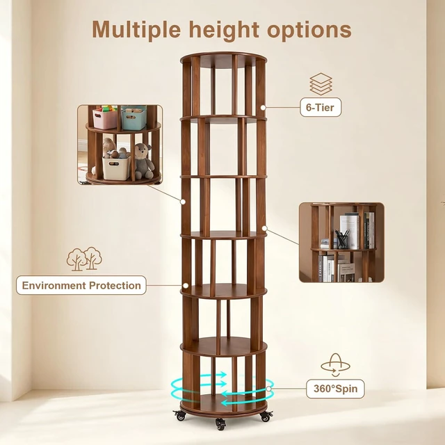 Alt view image 6 of 7 - 6 Tier Rotating Bookshelf with Wheels, Corner Revolving Bookcase, Vertical Turning Bookshelf for Bedroom/Living Room/Office, Walnut