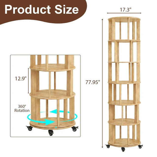 Alt view image 2 of 7 - 6 Tier Rotating Bookshelf with Wheels, Corner Revolving Bookcase, Vertical Turning Bookshelf for Bedroom/Living Room/Office, Natural Wood