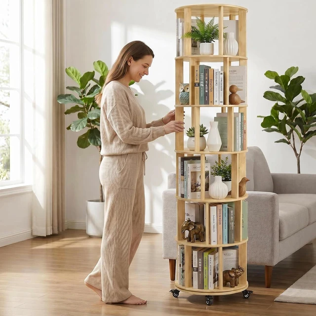 Main image of 6 Tier Rotating Bookshelf with Wheels, Corner Revolving Bookcase, Vertical Turning Bookshelf for Bedroom/Living Room/Office, Natural Wood