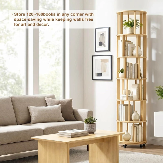 Alt view image 4 of 7 - 6 Tier Rotating Bookshelf with Wheels, Corner Revolving Bookcase, Vertical Turning Bookshelf for Bedroom/Living Room/Office, Natural Wood