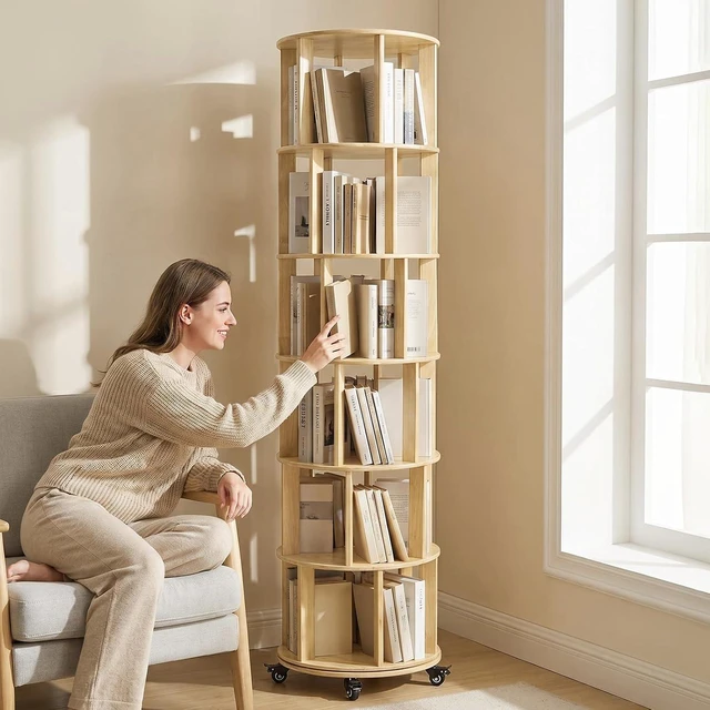 Alt view image 3 of 7 - 6 Tier Rotating Bookshelf with Wheels, Corner Revolving Bookcase, Vertical Turning Bookshelf for Bedroom/Living Room/Office, Natural Wood