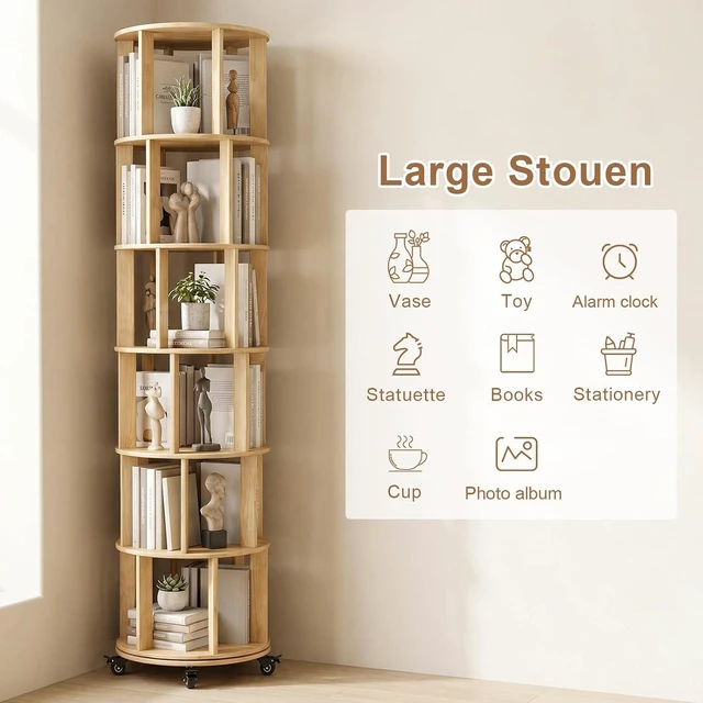 Alt view image 6 of 7 - 6 Tier Rotating Bookshelf with Wheels, Corner Revolving Bookcase, Vertical Turning Bookshelf for Bedroom/Living Room/Office, Natural Wood