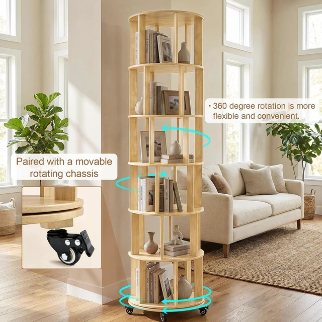 Alt view image 5 of 7 - 6 Tier Rotating Bookshelf with Wheels, Corner Revolving Bookcase, Vertical Turning Bookshelf for Bedroom/Living Room/Office, Natural Wood