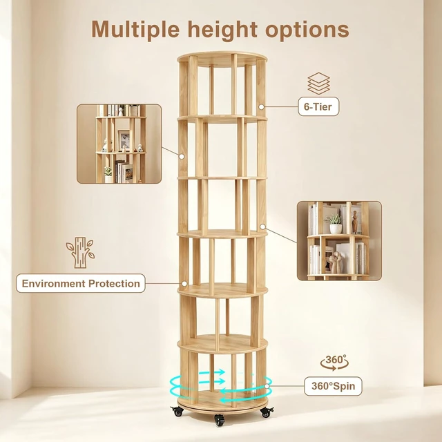 Alt view image 7 of 7 - 6 Tier Rotating Bookshelf with Wheels, Corner Revolving Bookcase, Vertical Turning Bookshelf for Bedroom/Living Room/Office, Natural Wood