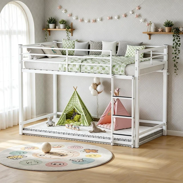 Main image of Twin Over Twin Affordable Metal Floor Bunk Bed, Low Profile Bunk Bed with Ladder and Safety Guardrails for Kids Teens Bedroom, No Box Spring Needed, White