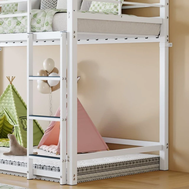 Alt view image 3 of 7 - Twin Over Twin Affordable Metal Floor Bunk Bed, Low Profile Bunk Bed with Ladder and Safety Guardrails for Kids Teens Bedroom, No Box Spring Needed, White