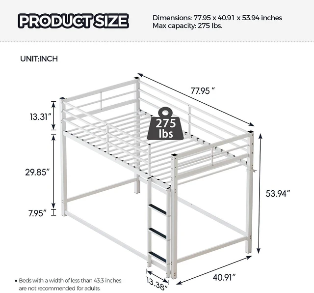 Alt view image 2 of 7 - Twin Over Twin Affordable Metal Floor Bunk Bed, Low Profile Bunk Bed with Ladder and Safety Guardrails for Kids Teens Bedroom, No Box Spring Needed, White