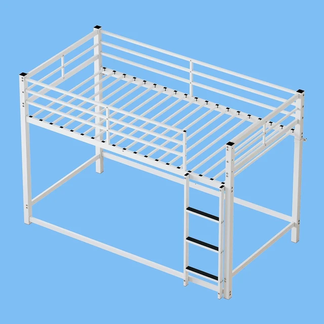 Alt view image 5 of 7 - Twin Over Twin Affordable Metal Floor Bunk Bed, Low Profile Bunk Bed with Ladder and Safety Guardrails for Kids Teens Bedroom, No Box Spring Needed, White