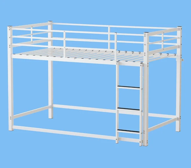 Alt view image 6 of 7 - Twin Over Twin Affordable Metal Floor Bunk Bed, Low Profile Bunk Bed with Ladder and Safety Guardrails for Kids Teens Bedroom, No Box Spring Needed, White