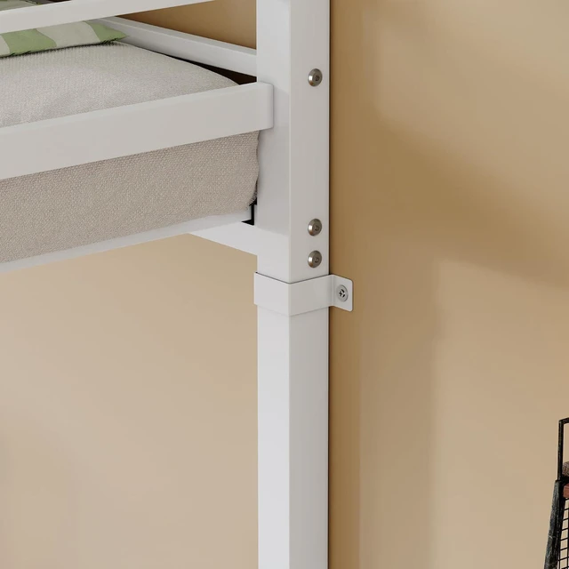 Alt view image 4 of 7 - Twin Over Twin Affordable Metal Floor Bunk Bed, Low Profile Bunk Bed with Ladder and Safety Guardrails for Kids Teens Bedroom, No Box Spring Needed, White