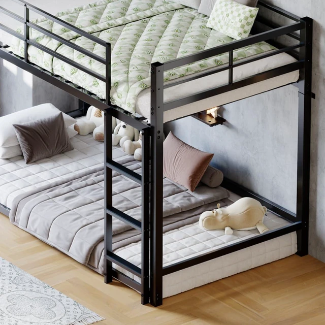 Alt view image 3 of 7 - Twin Over Twin Affordable Metal Floor Bunk Bed, Low Profile Bunk Bed with Ladder and Safety Guardrails for Kids Teens Bedroom, No Box Spring Needed, Black
